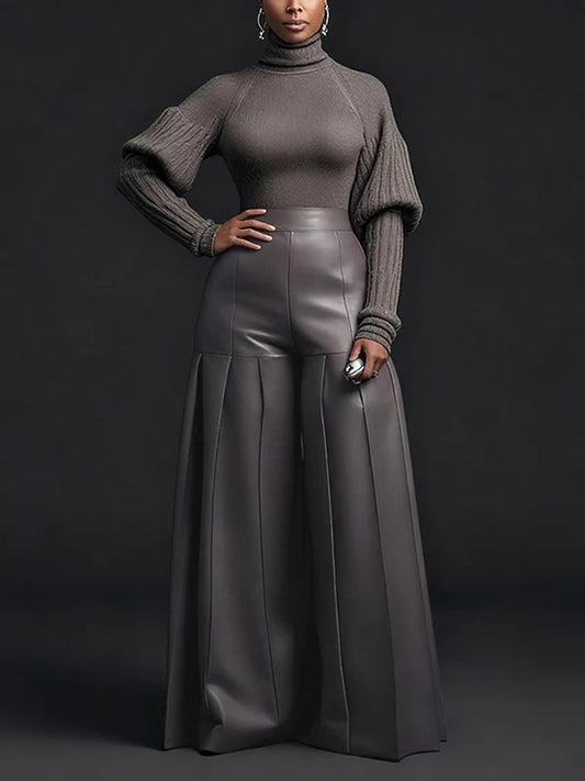 High Waisted Elasticity Pleated Pockets Solid Color Zipper Wide Leg Pants