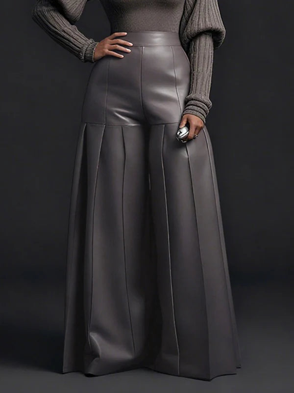 High Waisted Elasticity Pleated Pockets Solid Color Zipper Wide Leg Pants