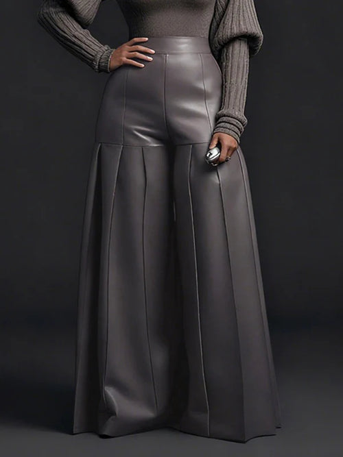 High Waisted Elasticity Pleated Pockets Solid Color Zipper Wide Leg Pants
