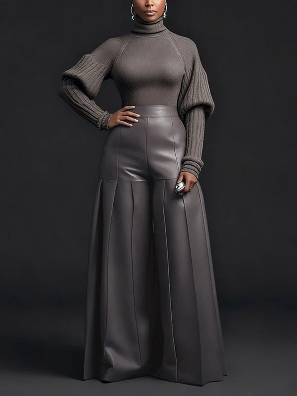 High Waisted Elasticity Pleated Pockets Solid Color Zipper Wide Leg Pants