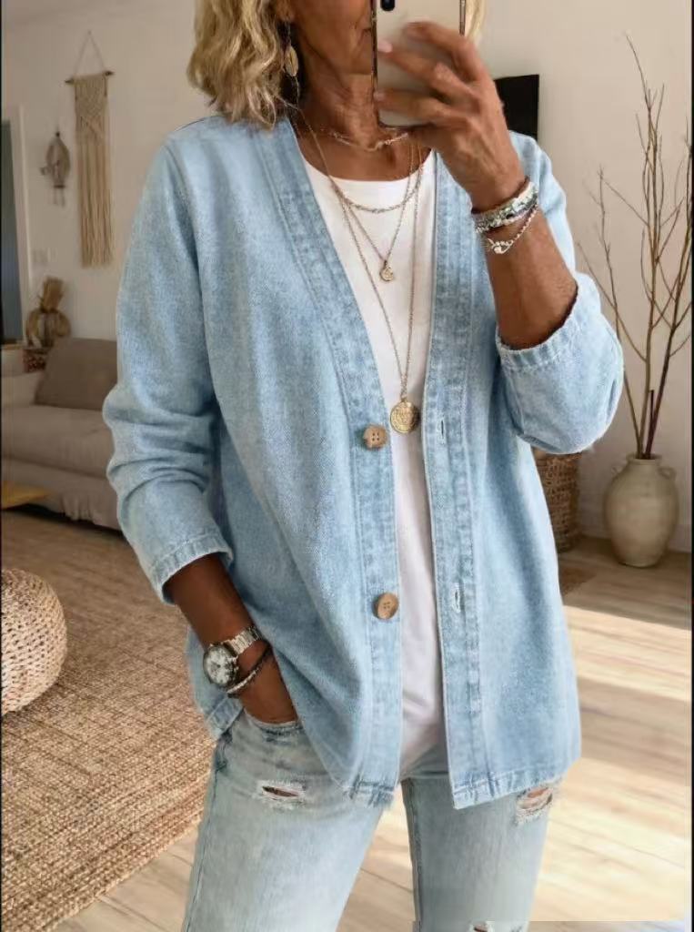 🧥 60% OFF NOW! ✨ Women's Classic Button Front Denim Jacket – V-Neck, Breathable Fabric & Relaxed Fit 💙