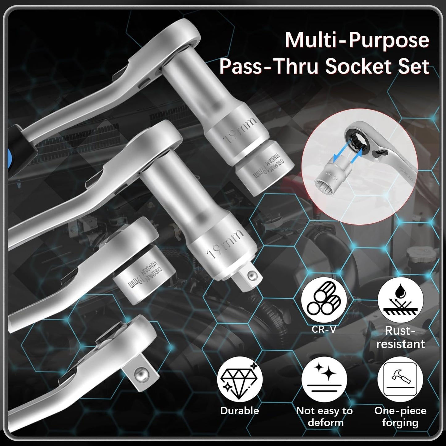 ⚡️50% Off Sale—Today Only⏰️ 17-Piece Pass Through Socket Set,Hollow Ratchet Socket Kit for Automotive Repair & Machine Maintenance